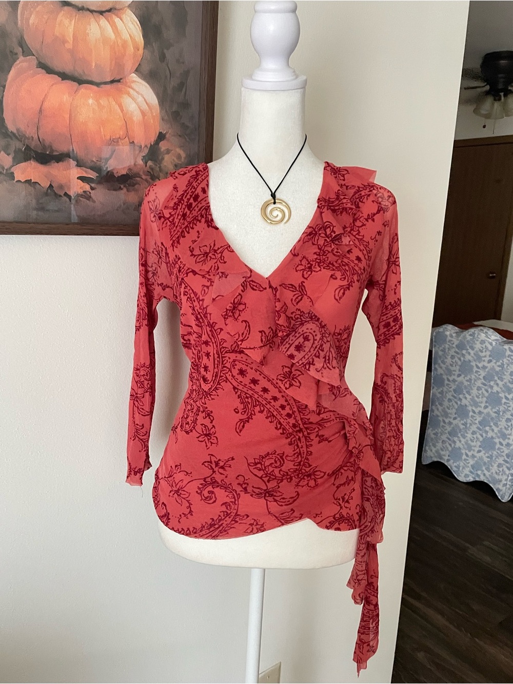 The Limited Y2K Vintage Paisley Mesh Ruffle Faux Wrap Crop Top XS